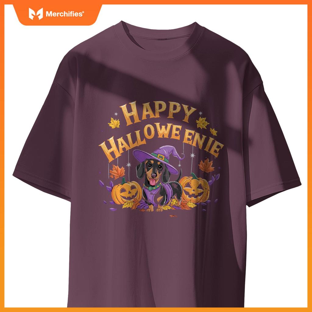 Happy Halloweenie Dachshund Witch Dog Halloween Pumpkin T-Shirt
