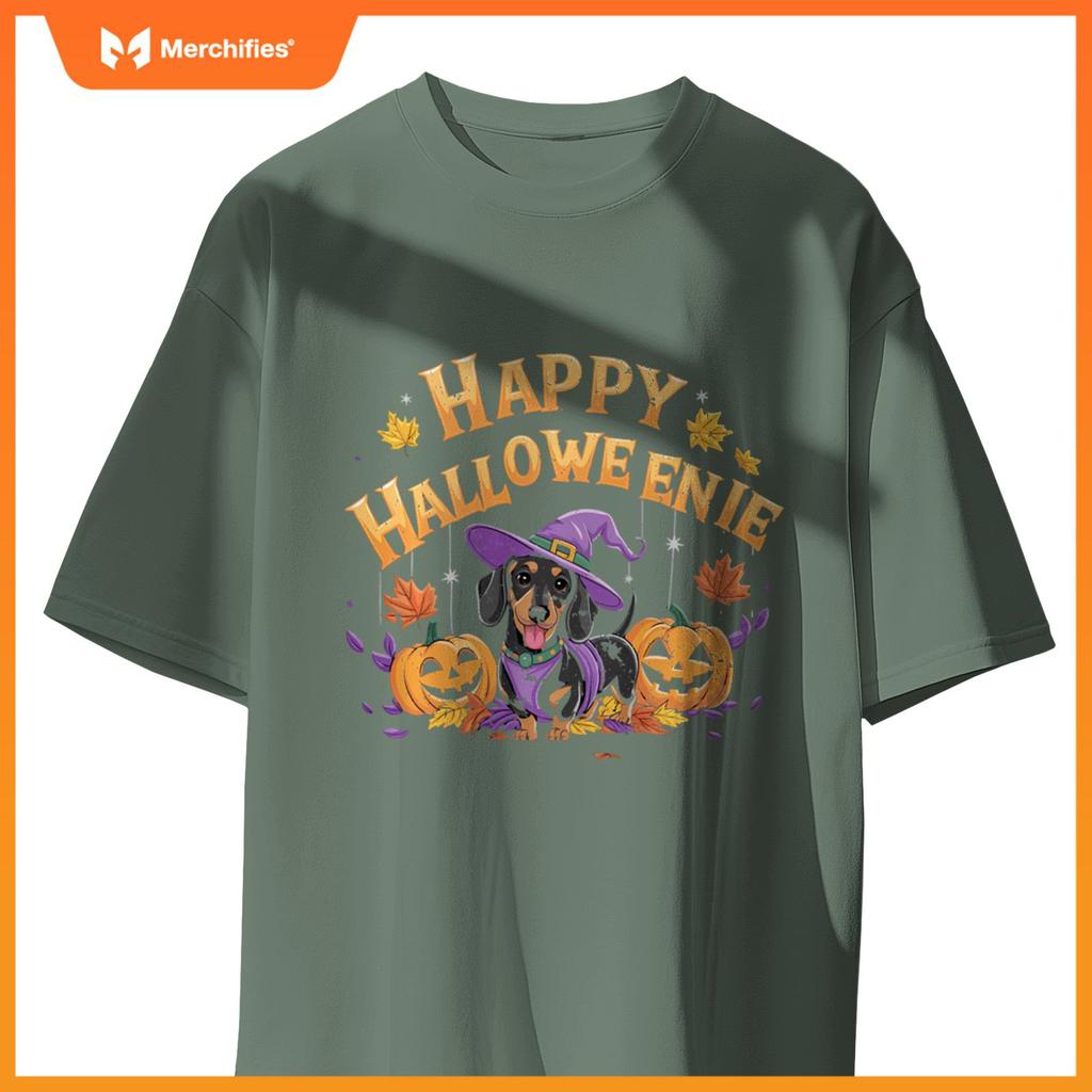 Happy Halloweenie Dachshund Witch Dog Halloween Pumpkin T-Shirt