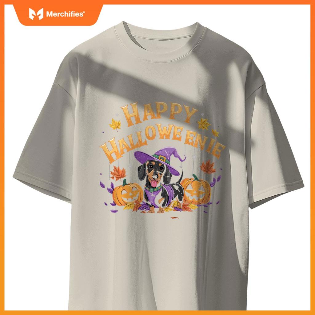 Happy Halloweenie Dachshund Witch Dog Halloween Pumpkin T-Shirt
