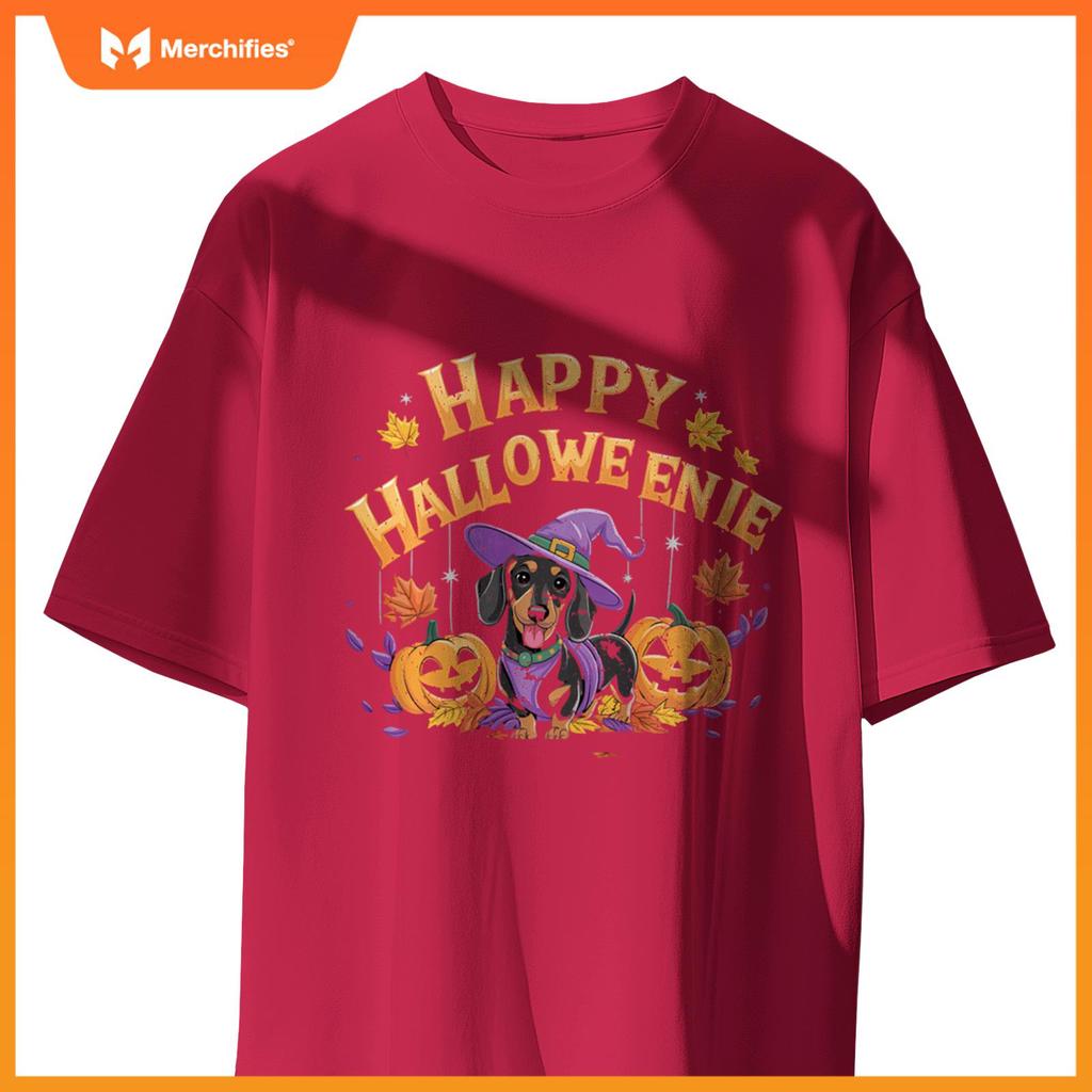 Happy Halloweenie Dachshund Witch Dog Halloween Pumpkin T-Shirt