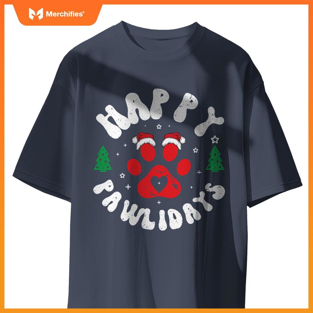 Happy Pawlidays Dogs Cats Christmas Design T-Shirt