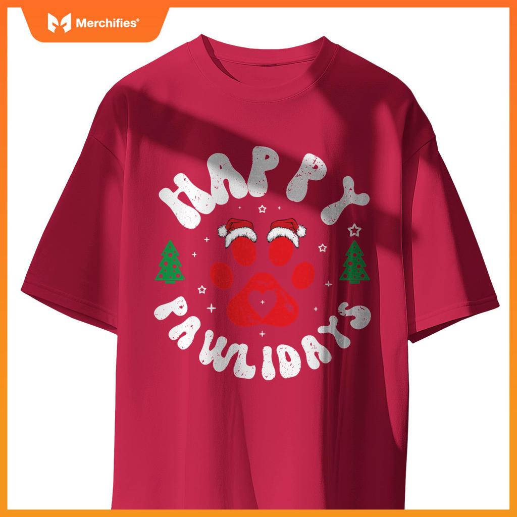 Happy Pawlidays Dogs Cats Christmas Design T-Shirt
