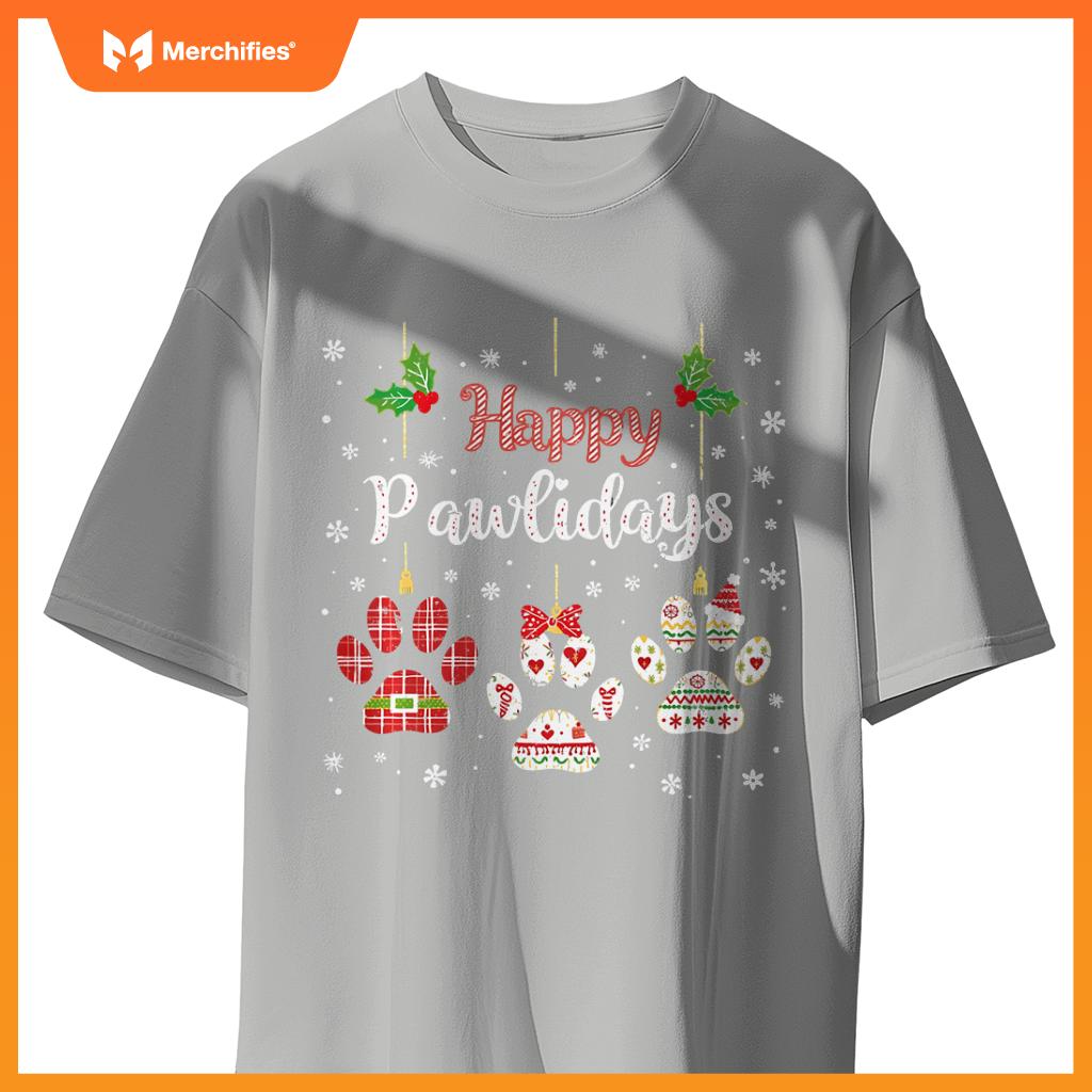 Happy Pawlidays Funny Christmas Dog Paw Xmas Dogs Lover T-Shirt