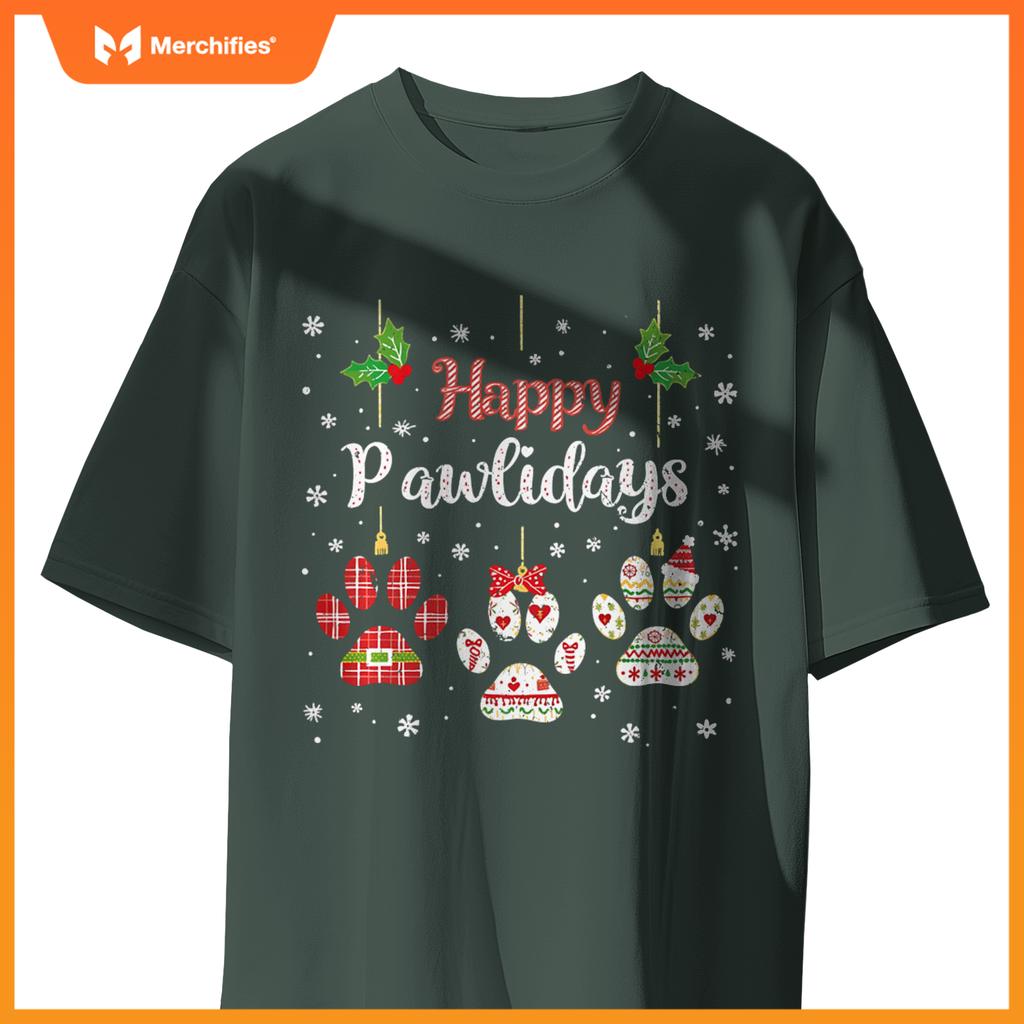 Happy Pawlidays Funny Christmas Dog Paw Xmas Dogs Lover T-Shirt