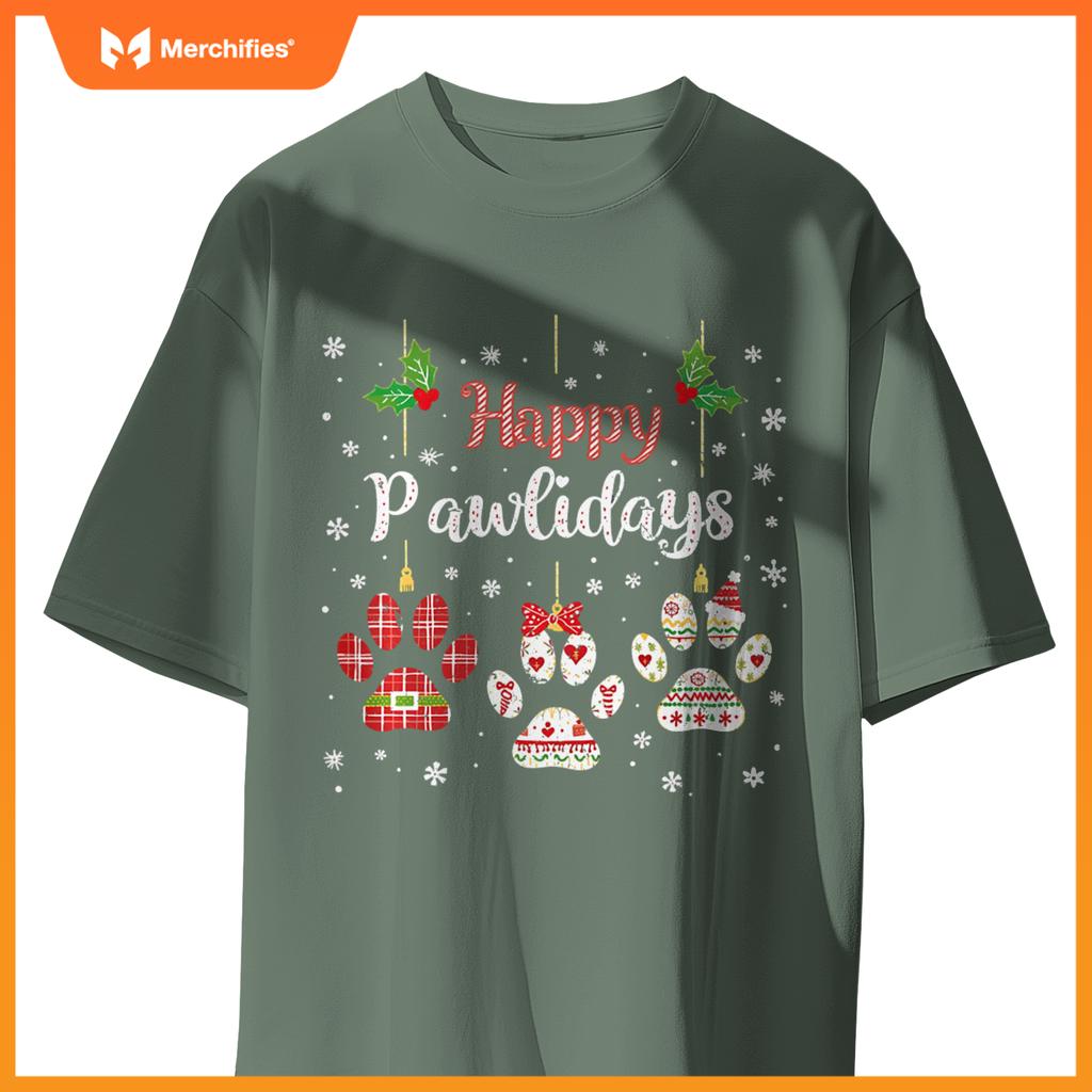 Happy Pawlidays Funny Christmas Dog Paw Xmas Dogs Lover T-Shirt