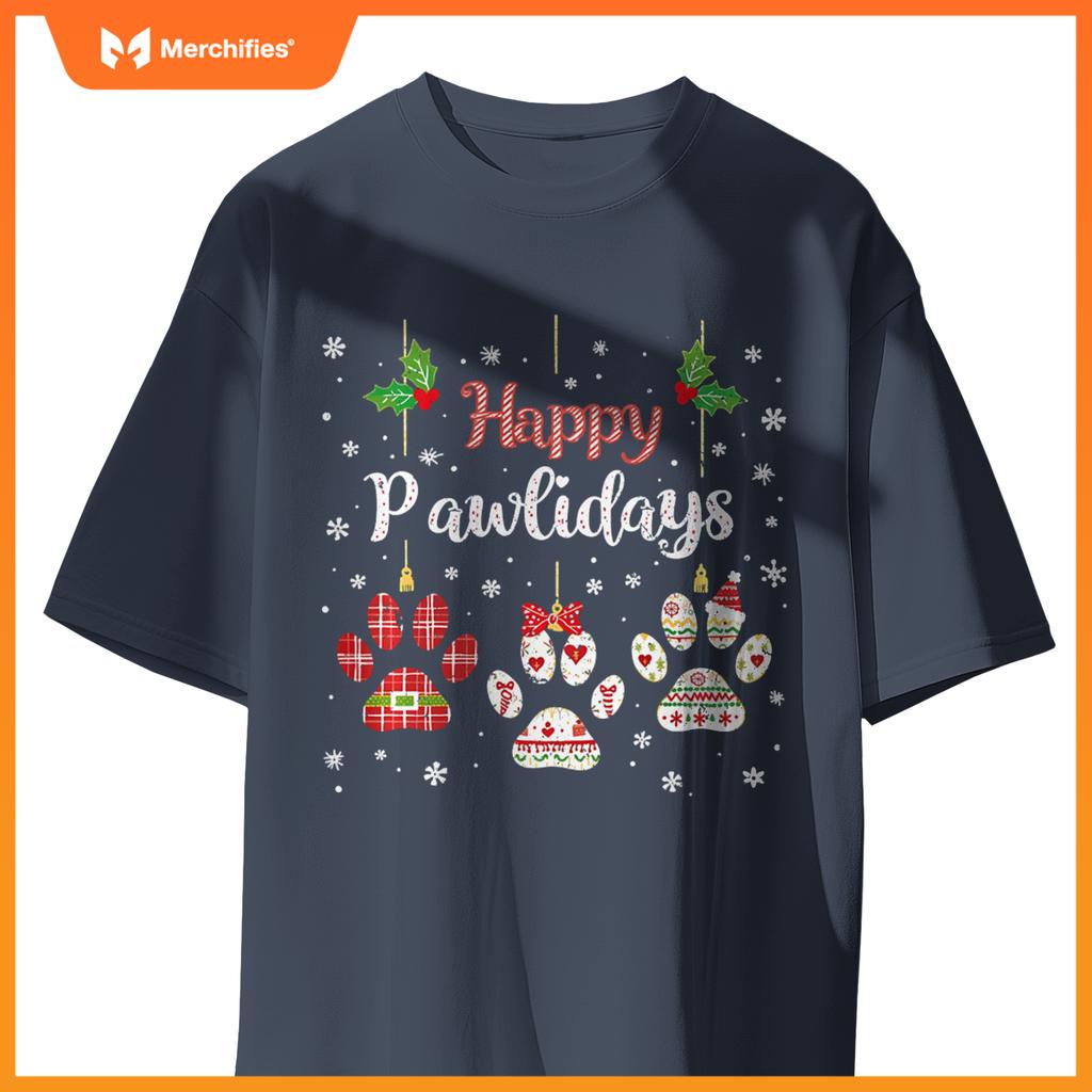 Happy Pawlidays Funny Christmas Dog Paw Xmas Dogs Lover T-Shirt