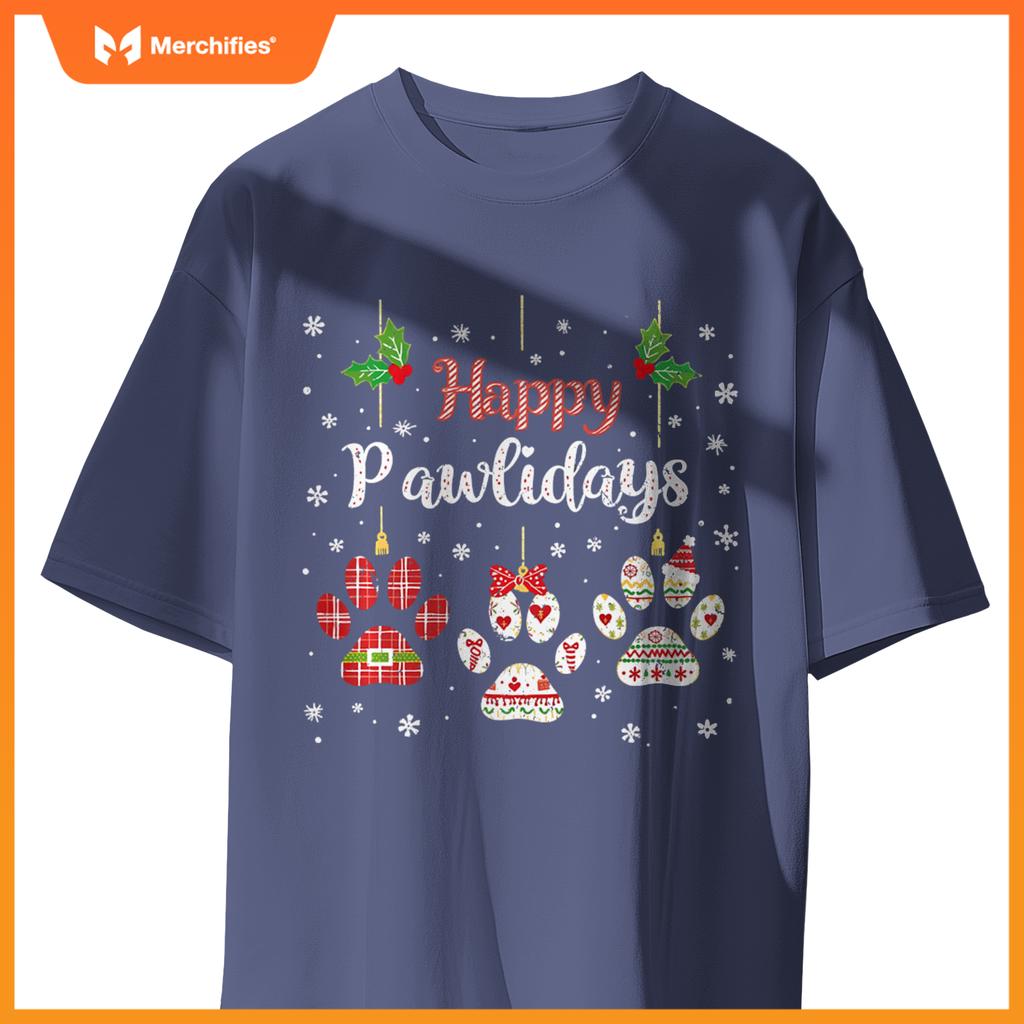 Happy Pawlidays Funny Christmas Dog Paw Xmas Dogs Lover T-Shirt