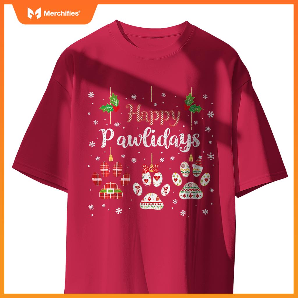 Happy Pawlidays Funny Christmas Dog Paw Xmas Dogs Lover T-Shirt