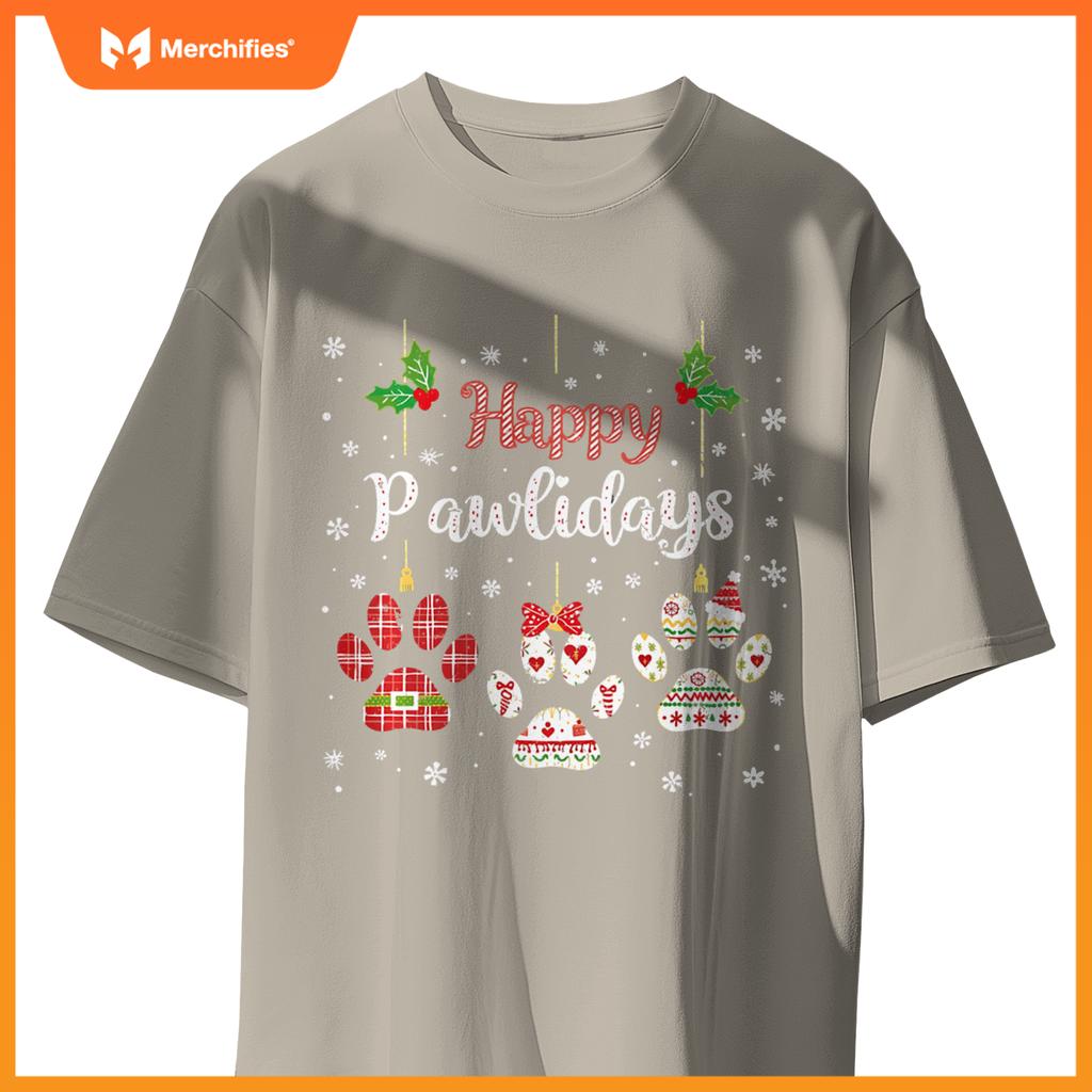 Happy Pawlidays Funny Christmas Dog Paw Xmas Dogs Lover T-Shirt