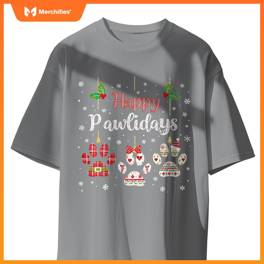 Happy Pawlidays Funny Christmas Dog Paw Xmas Dogs Lover T-Shirt