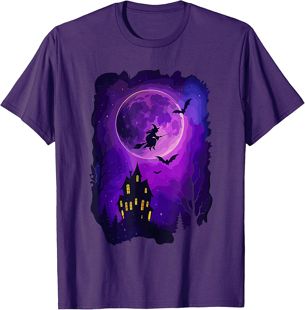 Haunted Mansion Shirt, Spooky Full Moon Witch Bats Halloween T-Shirt