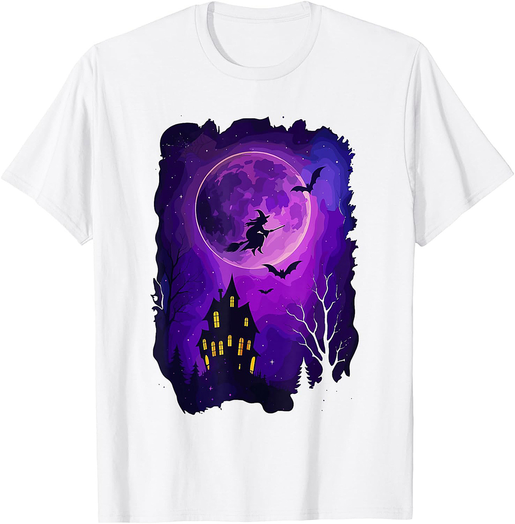 Haunted Mansion Shirt, Spooky Full Moon Witch Bats Halloween T-Shirt