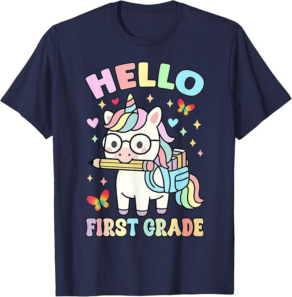Hello First Grade Cute Rainbow Unicorn Back to School Girls T-Shirt