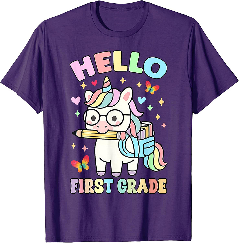 Hello First Grade Cute Rainbow Unicorn Back to School Girls T-Shirt