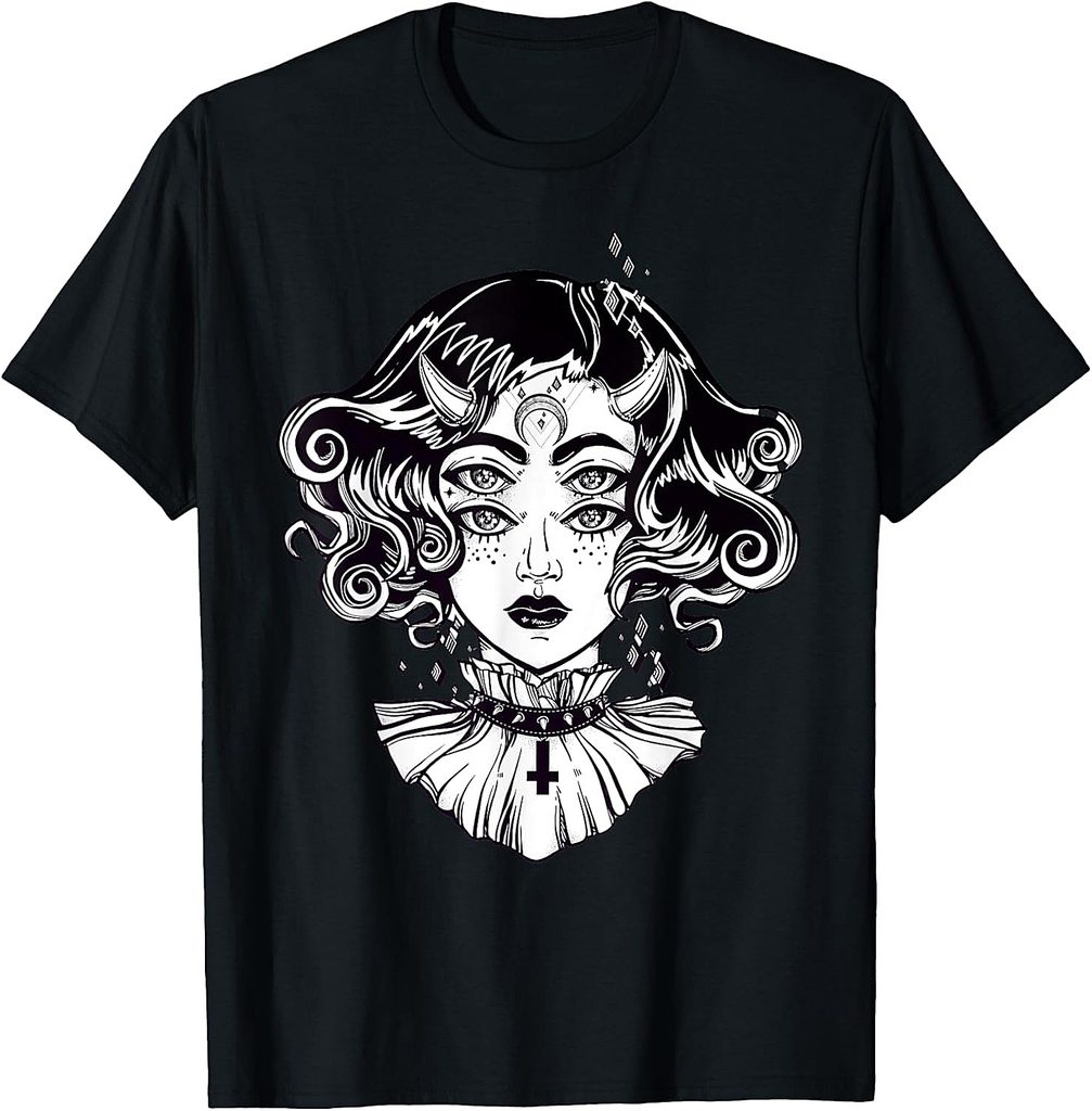 Horned Devil Girl Tshirt - Satanic Halloween Glitch Goth Tee T-Shirt
