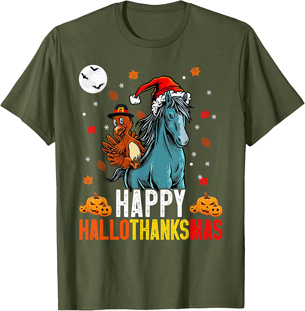 Horse Happy Hallothanksmas Halloween Thanksgiving Christmas T-Shirt