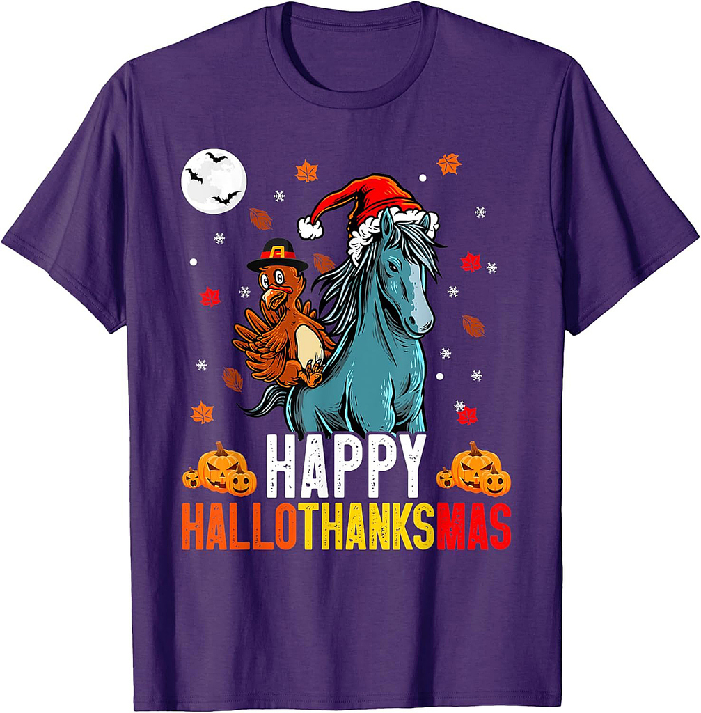 Horse Happy Hallothanksmas Halloween Thanksgiving Christmas T-Shirt
