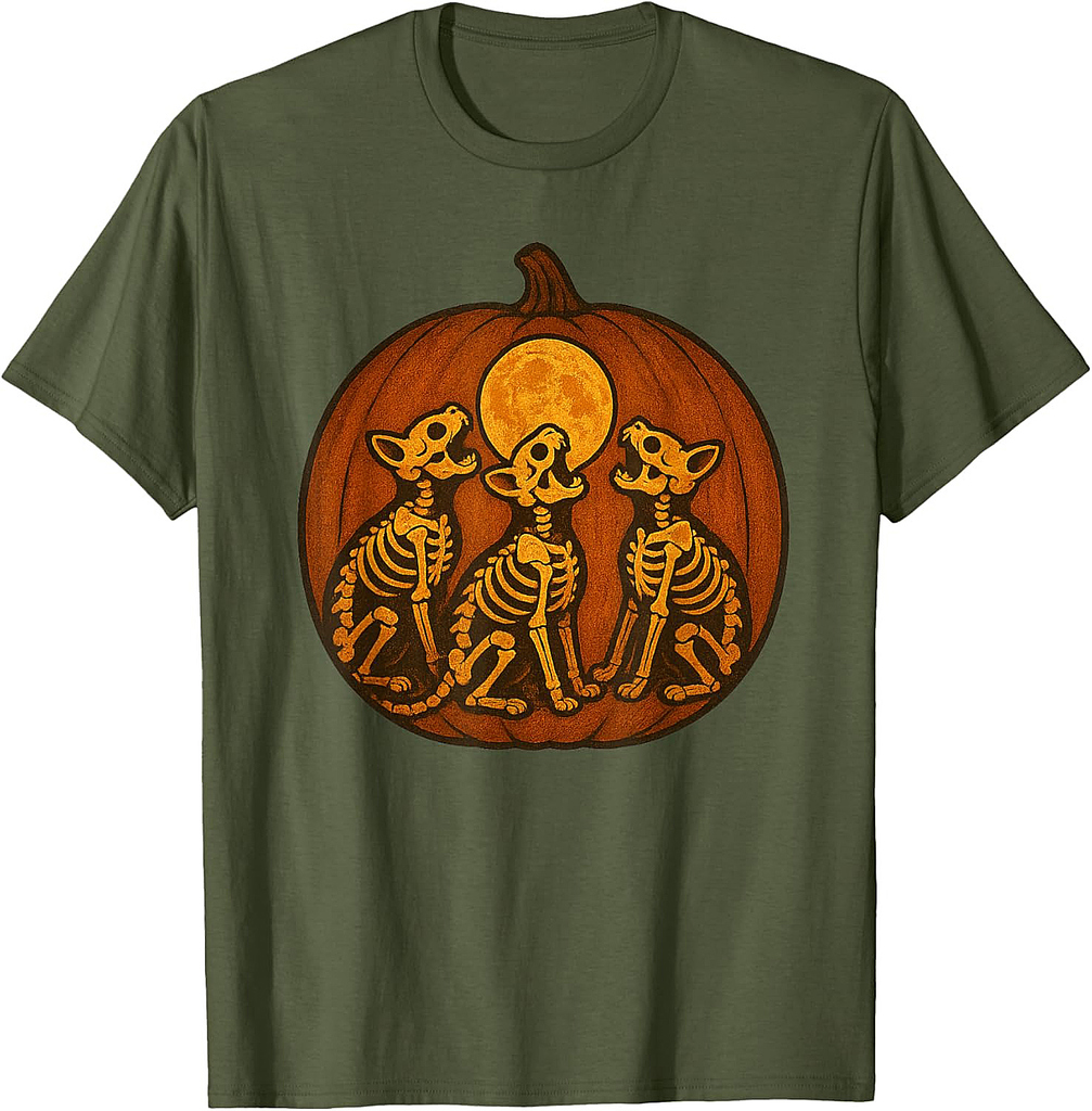 Howling Skeleton Cats Pumpkin Moon Halloween Artwork T-Shirt