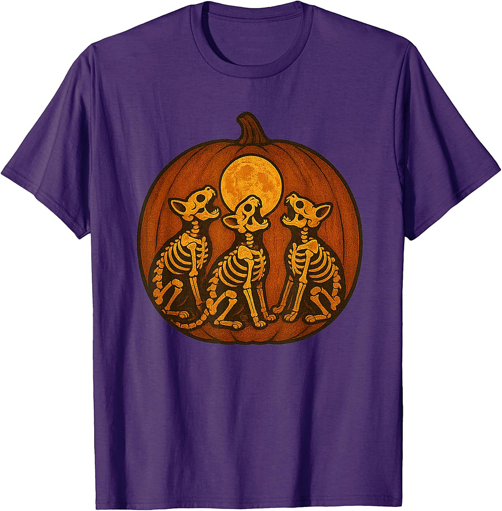 Howling Skeleton Cats Pumpkin Moon Halloween Artwork T-Shirt