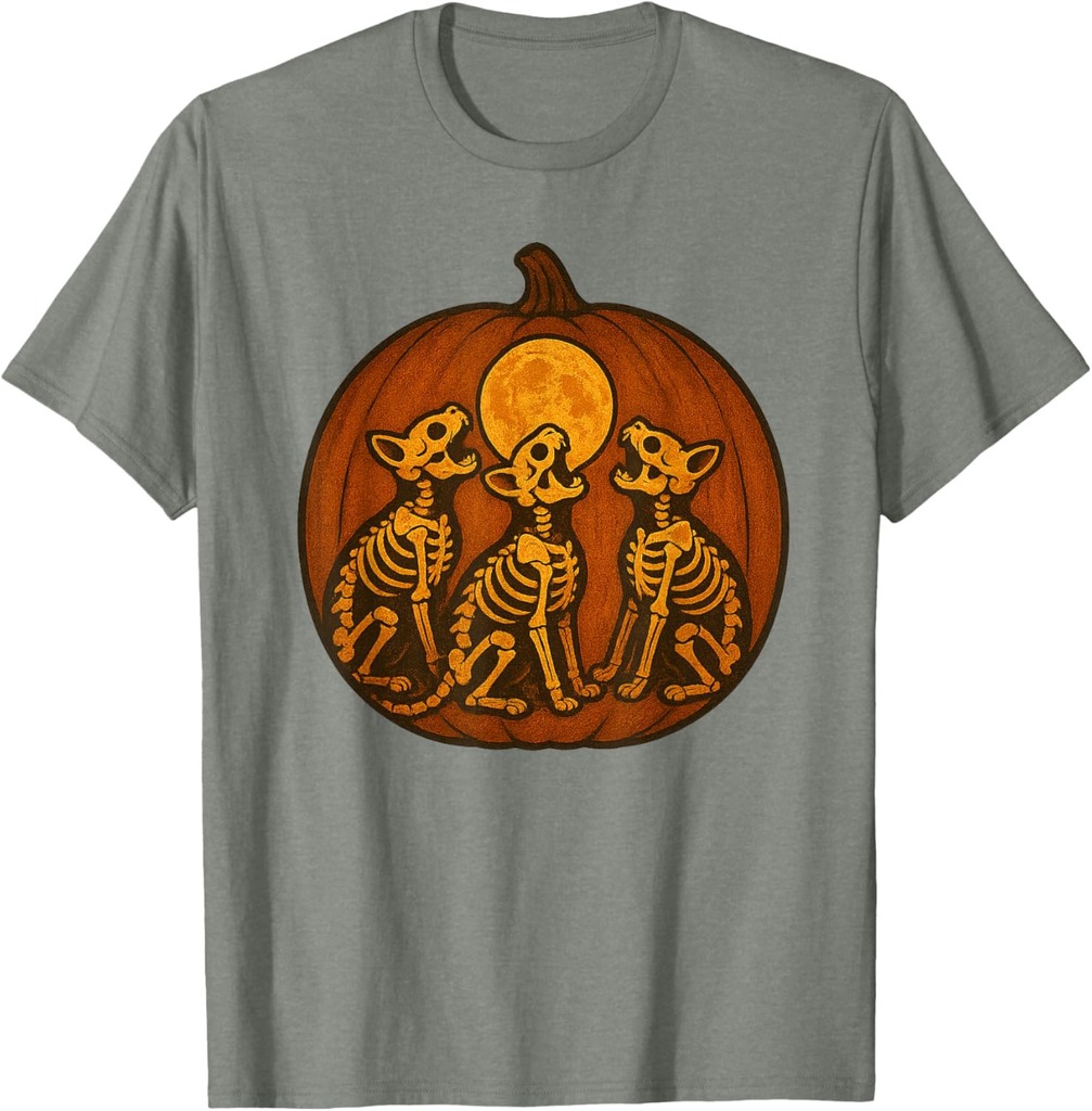 Howling Skeleton Cats Pumpkin Moon Halloween Artwork T-Shirt