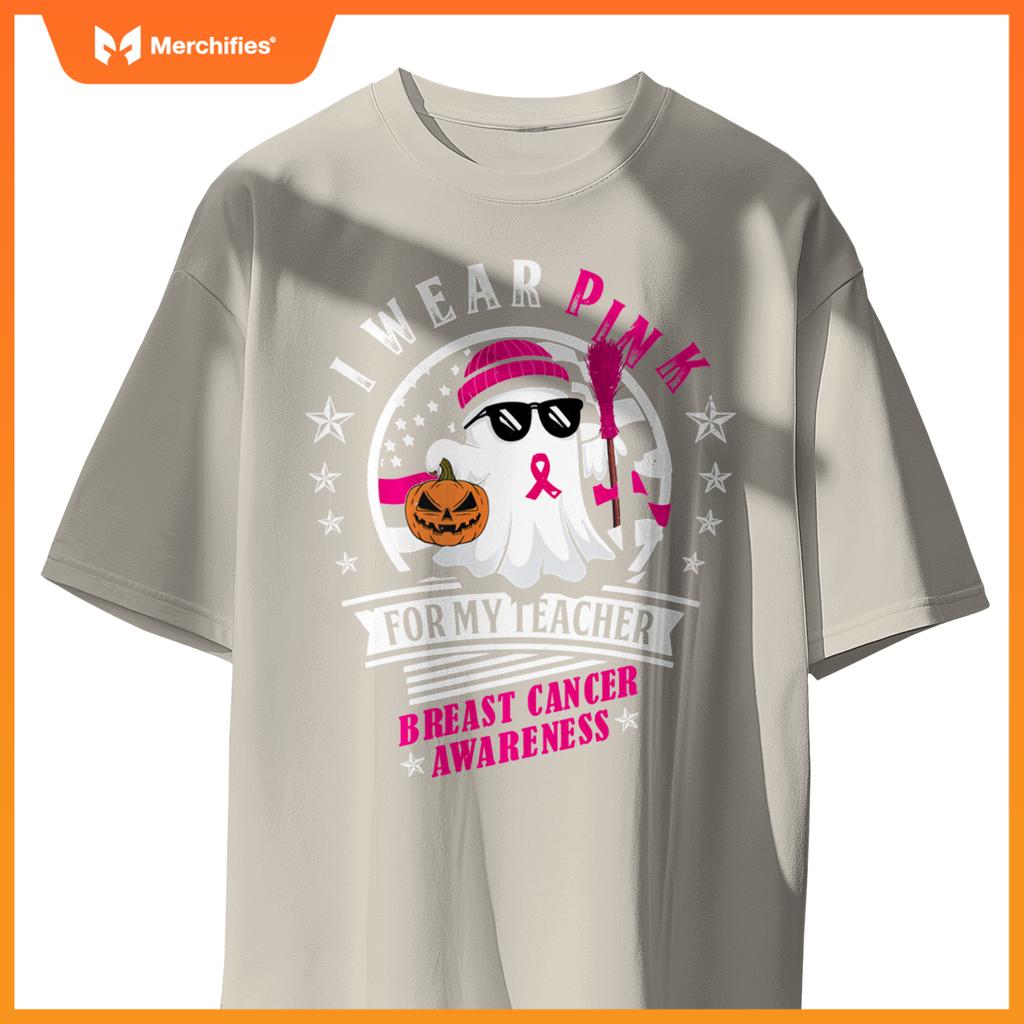 I Wear Pink For My Teacher USA Flag Ghost With Pumpkin Broom