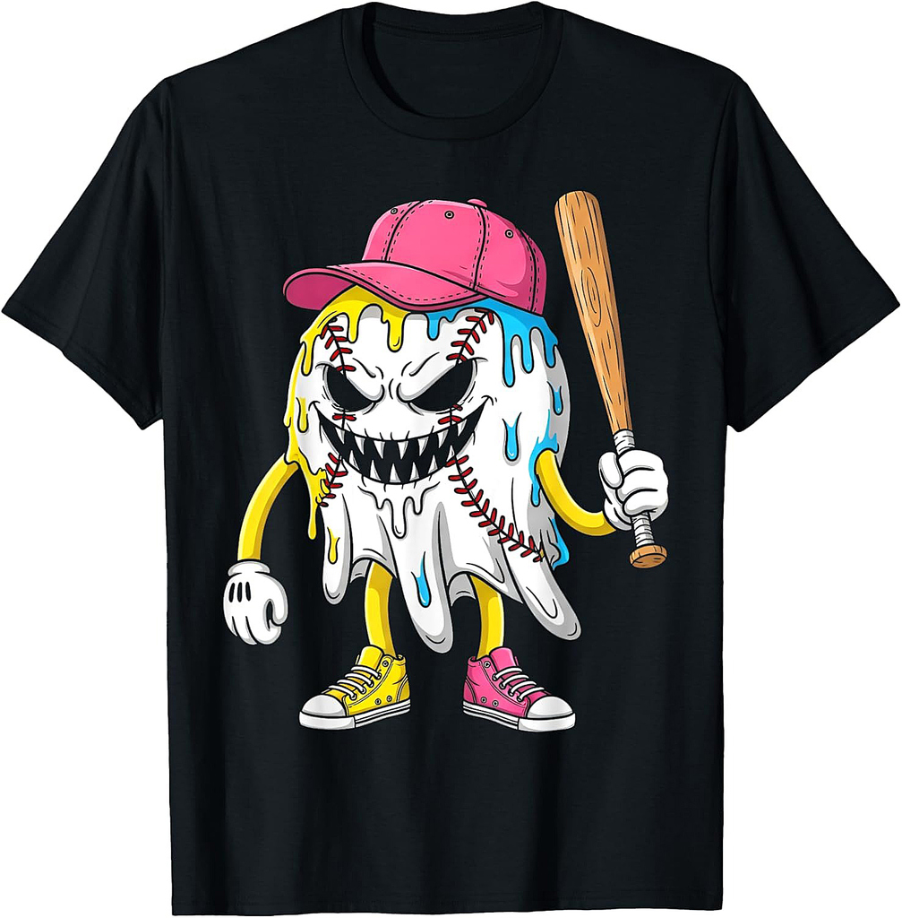 Ice Cream Drip Ghost Baseball Spots Baseball Drip Halloween T-Shirt