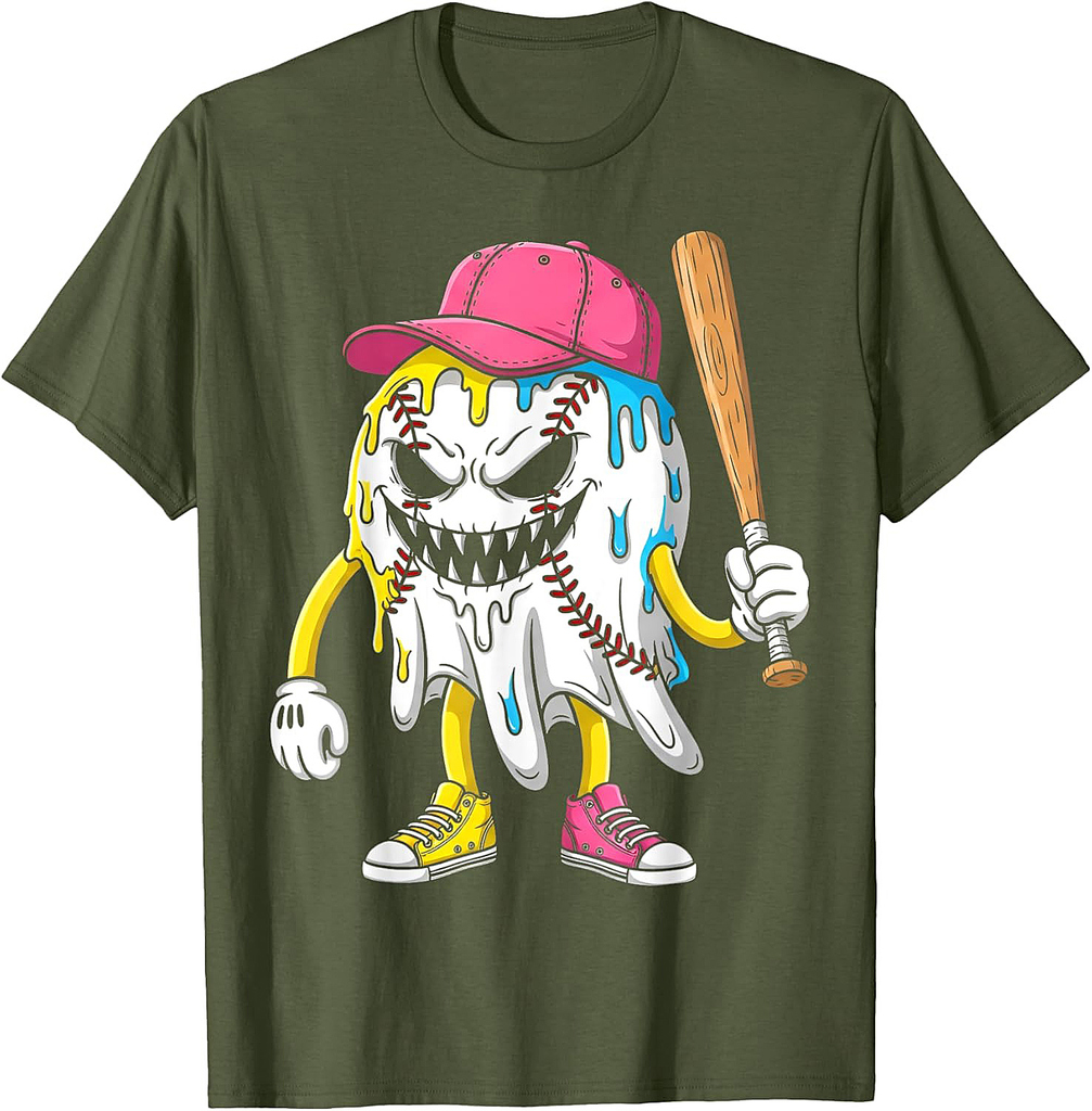 Ice Cream Drip Ghost Baseball Spots Baseball Drip Halloween T-Shirt