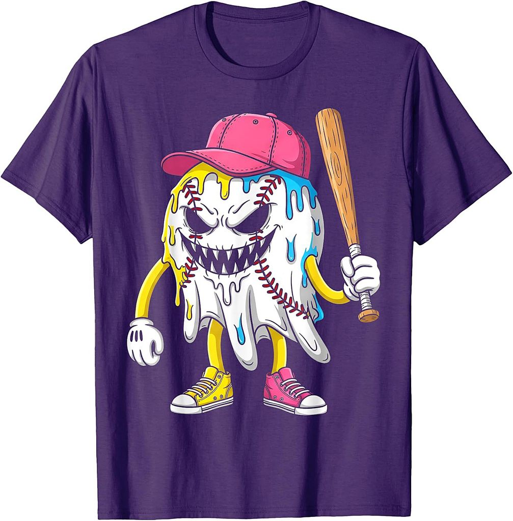 Ice Cream Drip Ghost Baseball Spots Baseball Drip Halloween T-Shirt