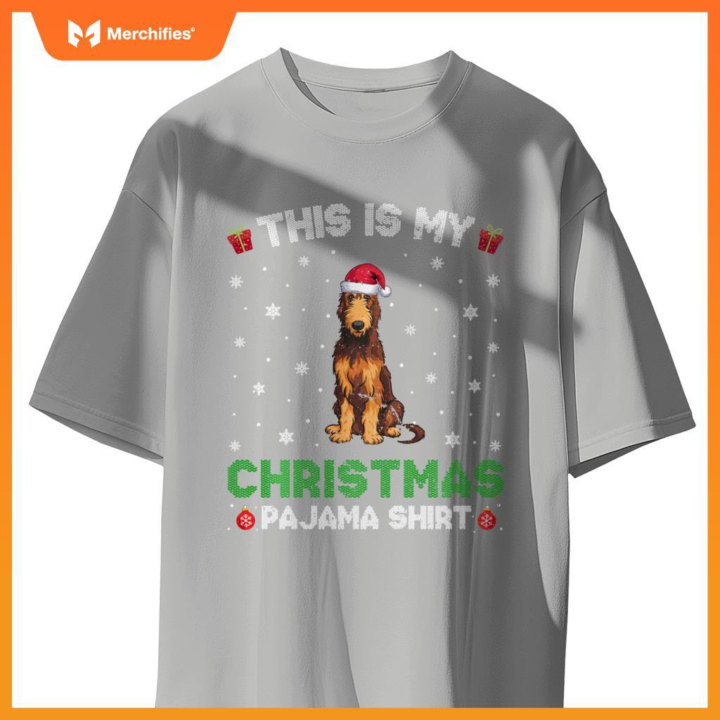 Irish Wolfhound Dog Wearing Santa Hat Matching Xmas Pajama T-Shirt