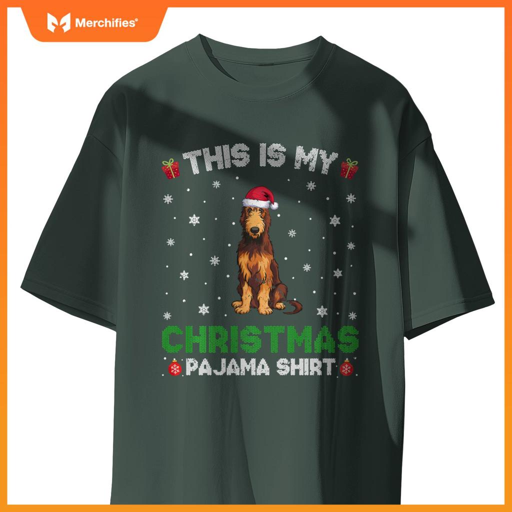 Irish Wolfhound Dog Wearing Santa Hat Matching Xmas Pajama T-Shirt
