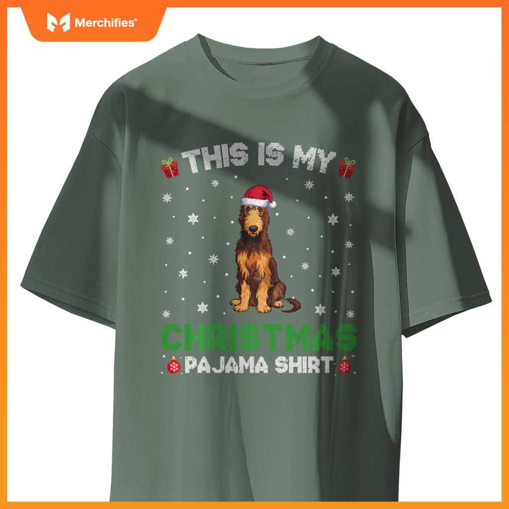 Irish Wolfhound Dog Wearing Santa Hat Matching Xmas Pajama T-Shirt