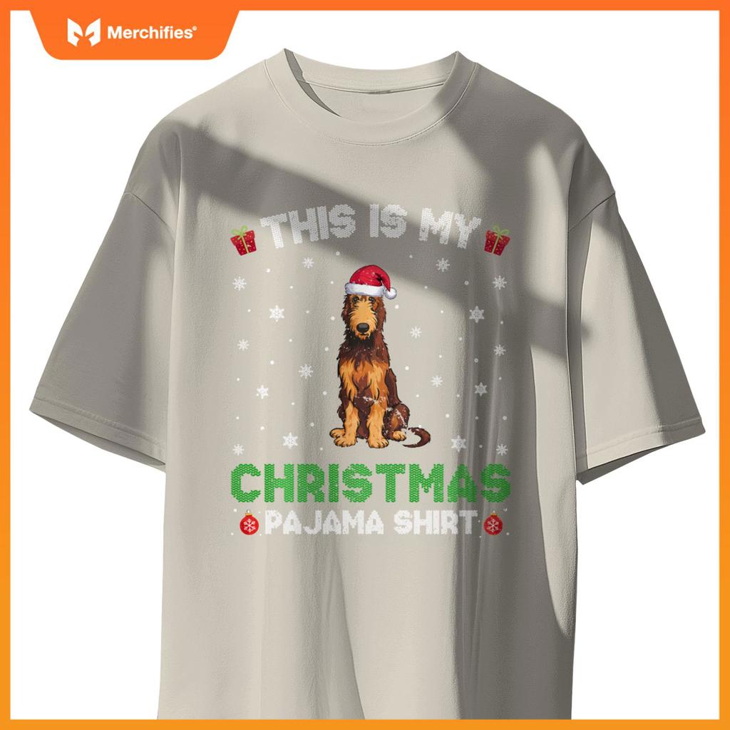 Irish Wolfhound Dog Wearing Santa Hat Matching Xmas Pajama T-Shirt