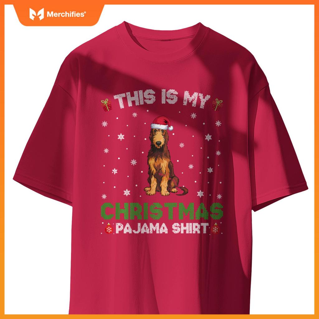 Irish Wolfhound Dog Wearing Santa Hat Matching Xmas Pajama T-Shirt