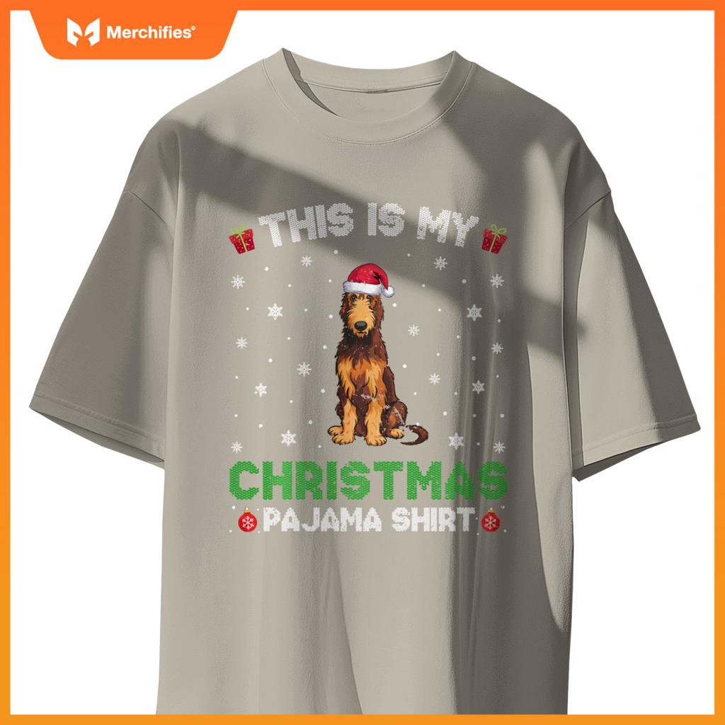 Irish Wolfhound Dog Wearing Santa Hat Matching Xmas Pajama T-Shirt