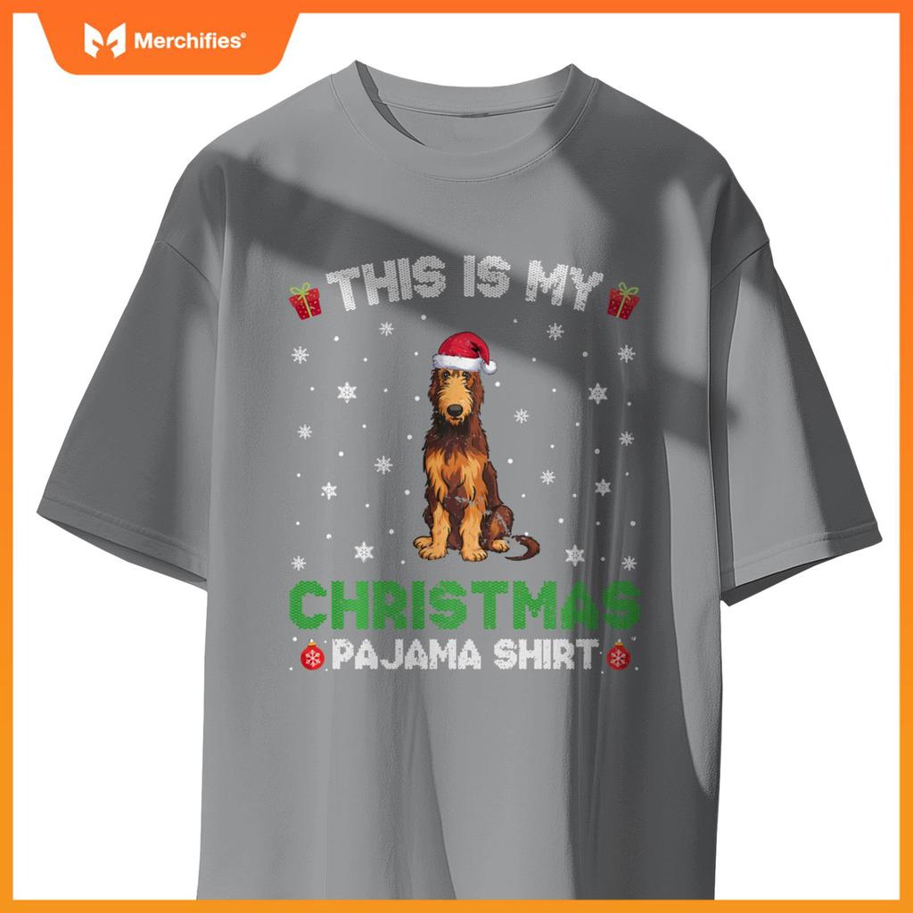 Irish Wolfhound Dog Wearing Santa Hat Matching Xmas Pajama T-Shirt