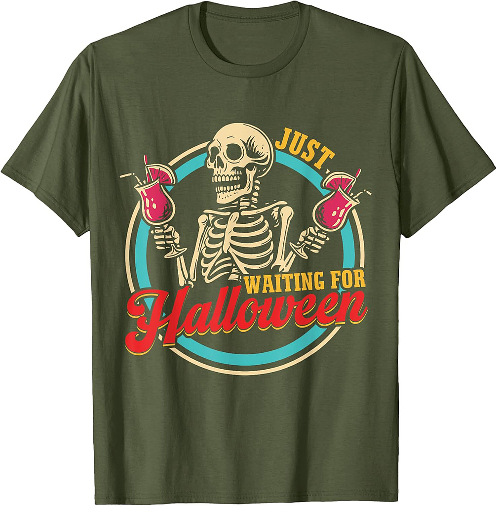 Just Waiting For Halloween Funny Skeleton Summerween Vibes T-Shirt