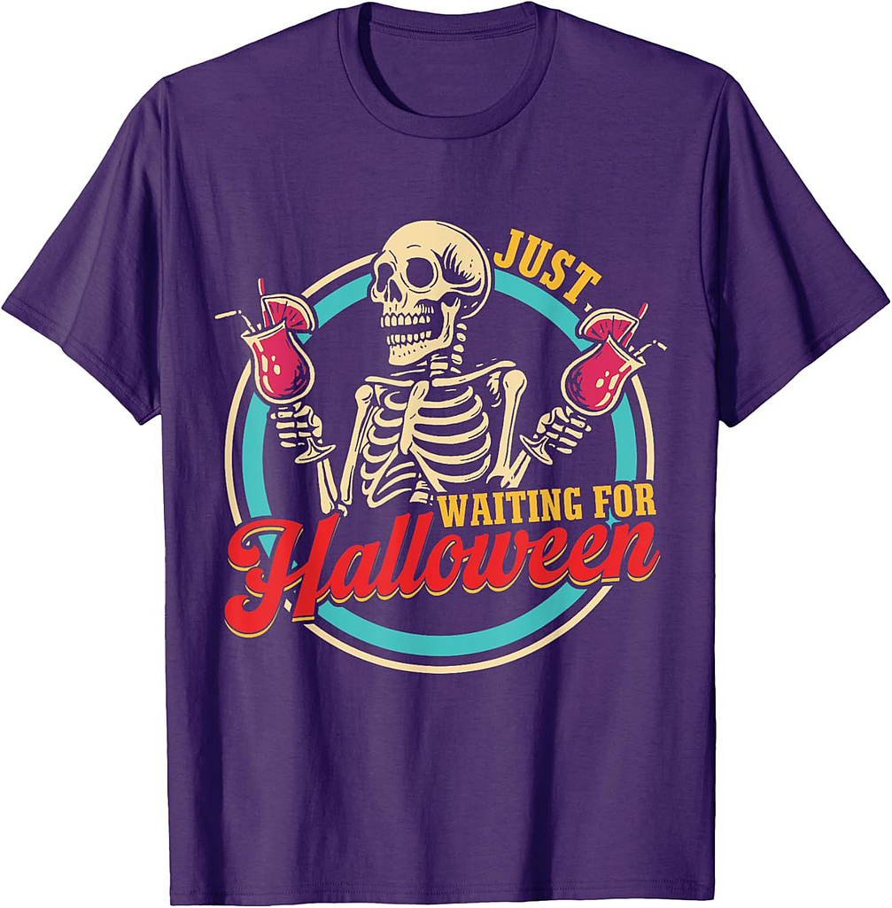 Just Waiting For Halloween Funny Skeleton Summerween Vibes T-Shirt