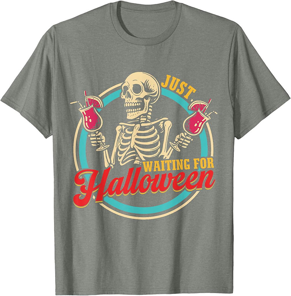Just Waiting For Halloween Funny Skeleton Summerween Vibes T-Shirt