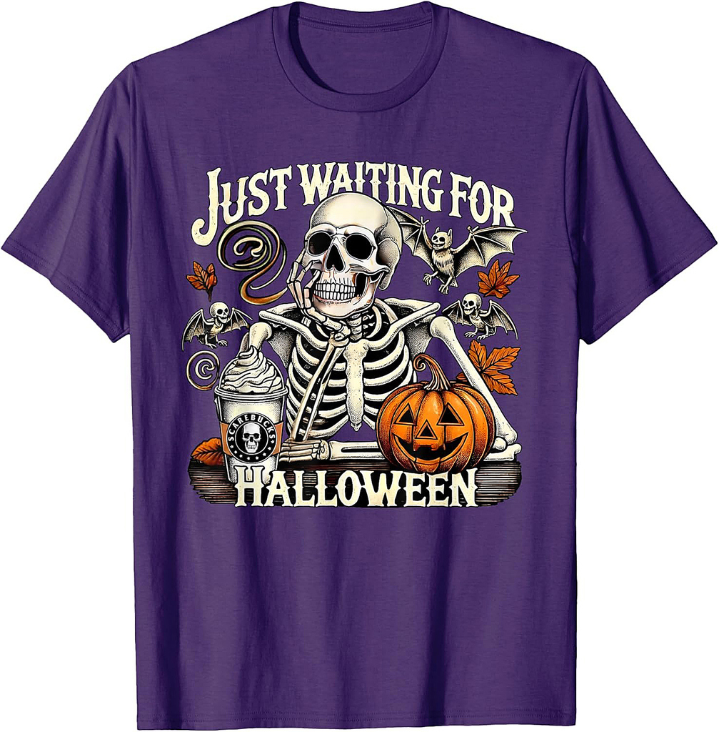Just Waiting For Halloween Skeleton Coffee Jack Or Lantern T-Shirt