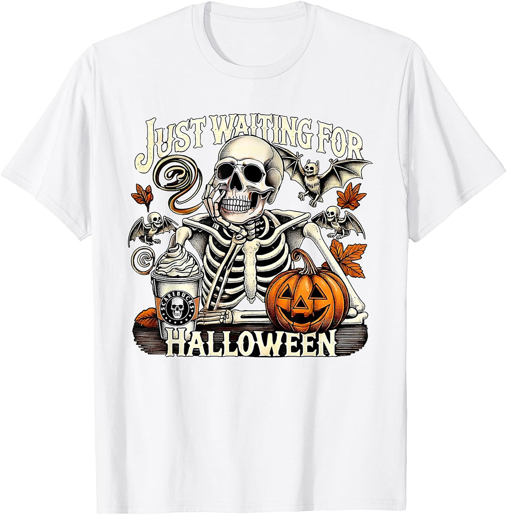 Just Waiting For Halloween Skeleton Coffee Jack Or Lantern T-Shirt