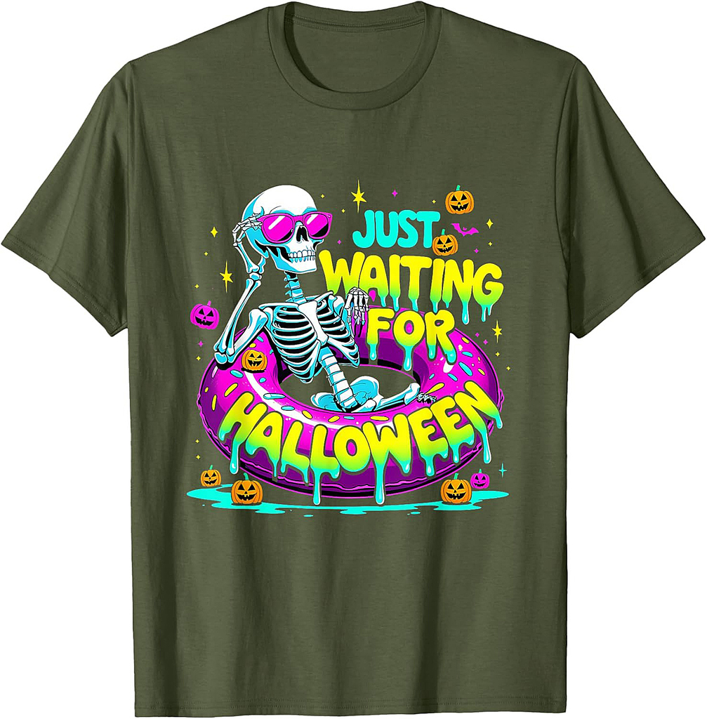 Just Waiting For Halloween Skeleton Donut Summerween Vibes T-Shirt