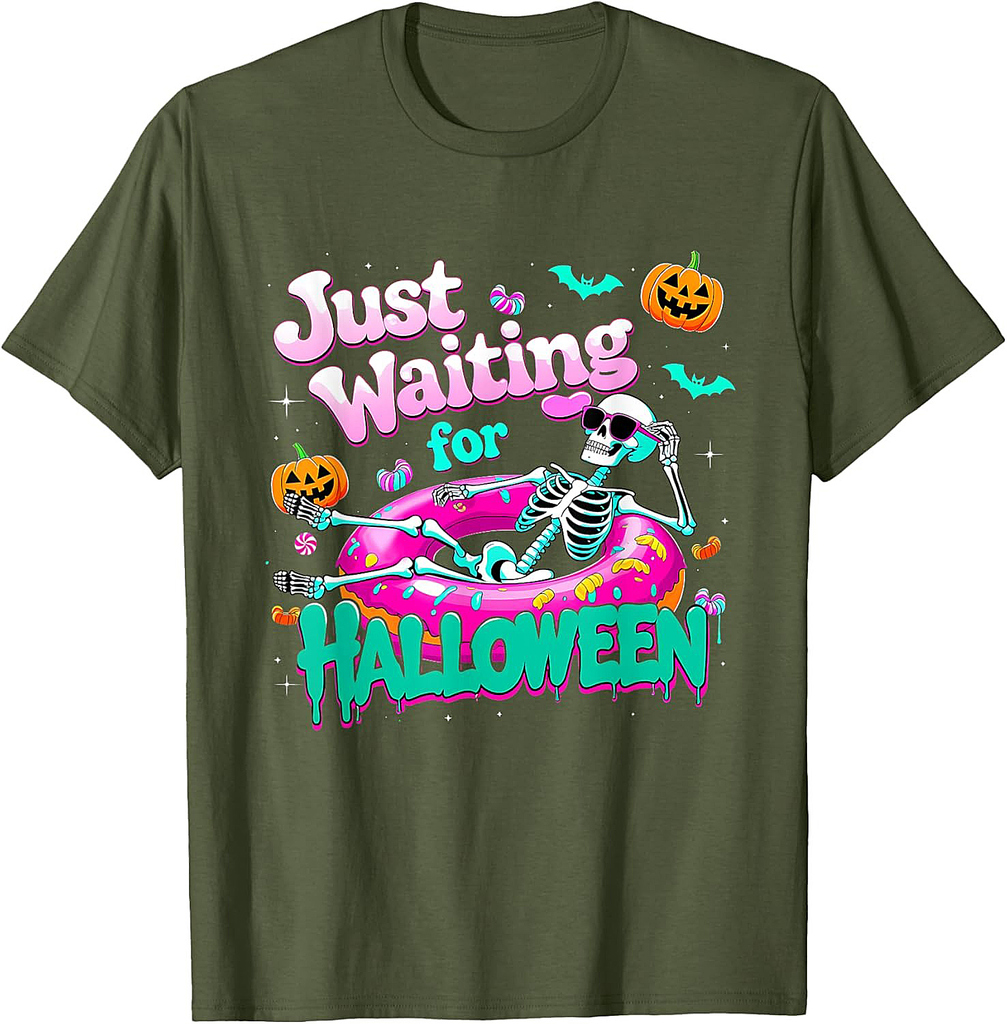 Just Waiting For Halloween Skeleton Donut Summerween Vibes T-Shirt