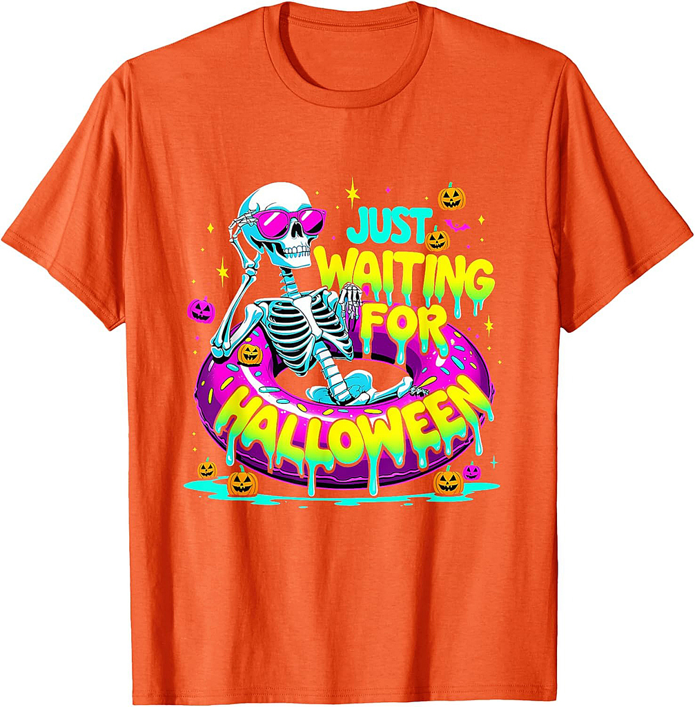 Just Waiting For Halloween Skeleton Donut Summerween Vibes T-Shirt