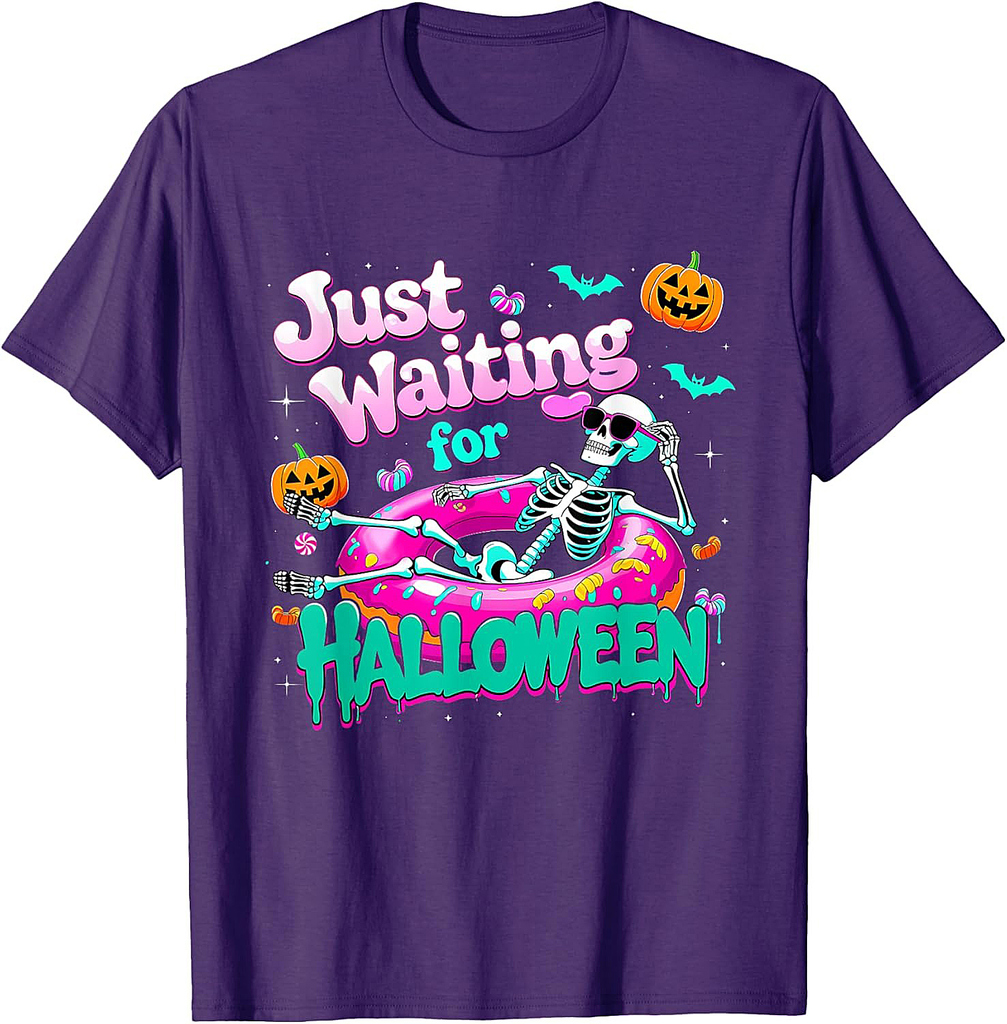 Just Waiting For Halloween Skeleton Donut Summerween Vibes T-Shirt