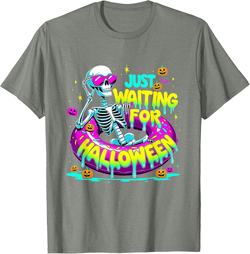 Just Waiting For Halloween Skeleton Donut Summerween Vibes T-Shirt