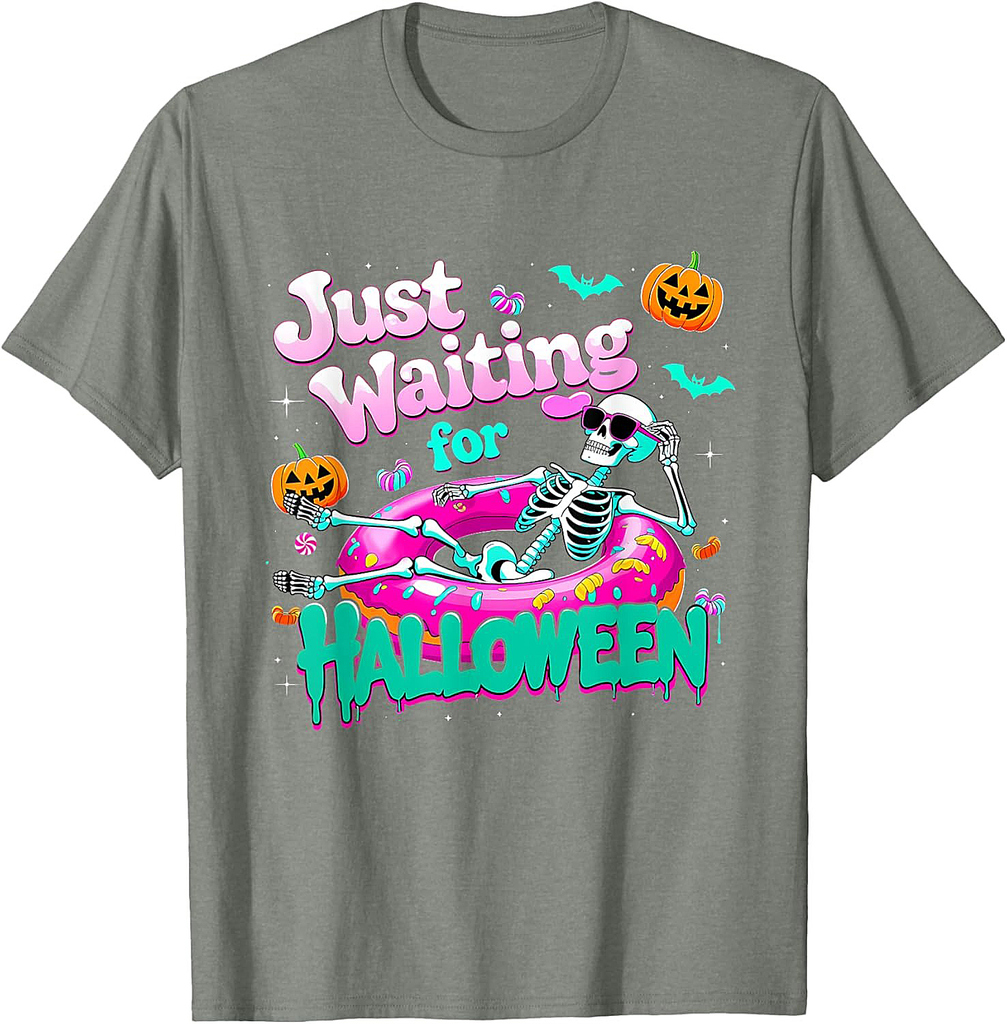 Just Waiting For Halloween Skeleton Donut Summerween Vibes T-Shirt