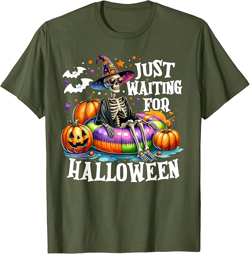 Just Waiting For Halloween Spooky Skeleton Summer Halloween T-Shirt