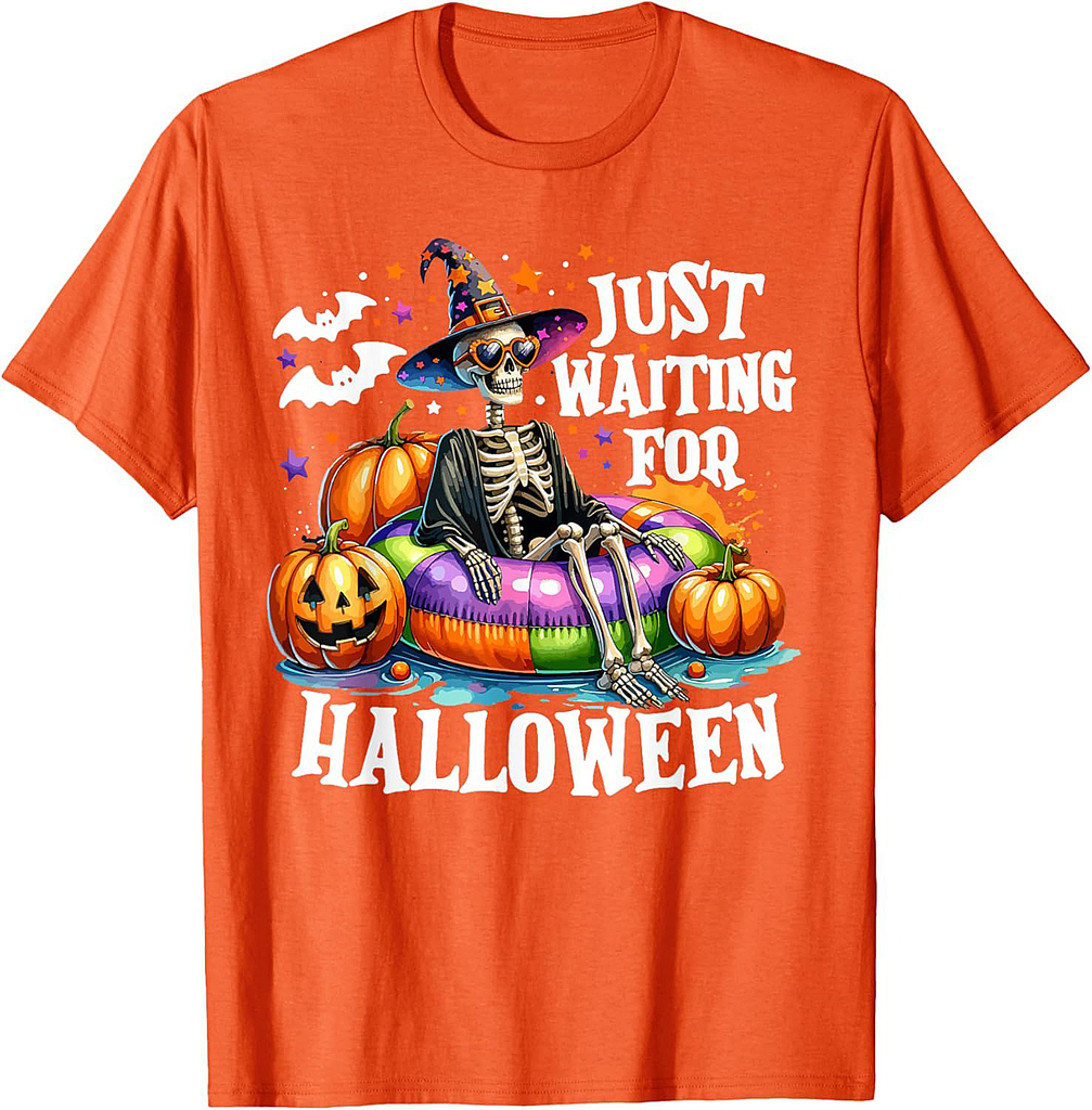 Just Waiting For Halloween Spooky Skeleton Summer Halloween T-Shirt