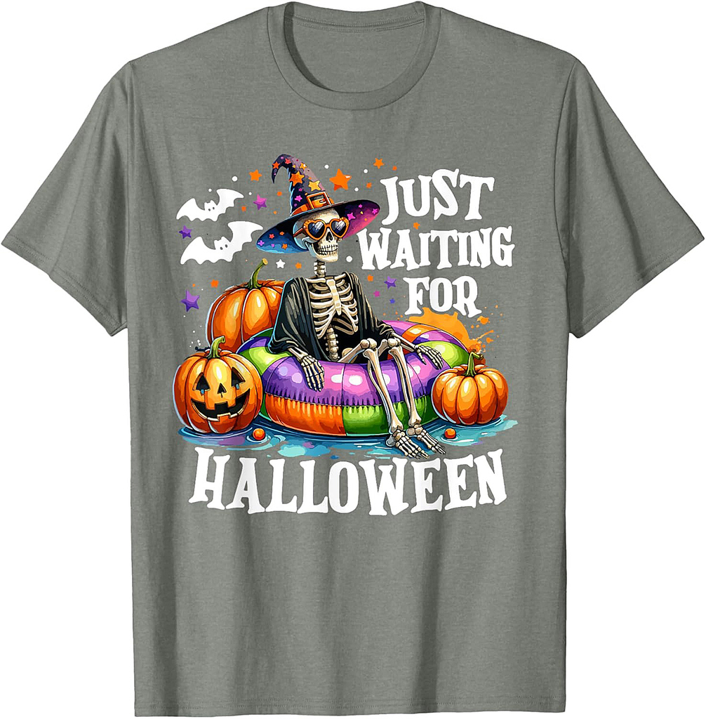 Just Waiting For Halloween Spooky Skeleton Summer Halloween T-Shirt