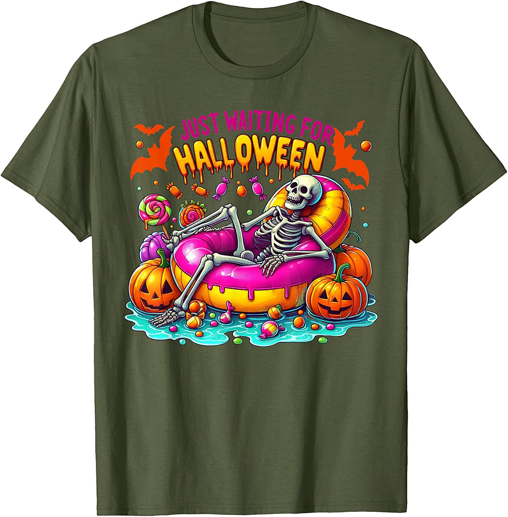 Just Waiting Halloween Skeleton Funny Pumpkin Pool Summer T-Shirt